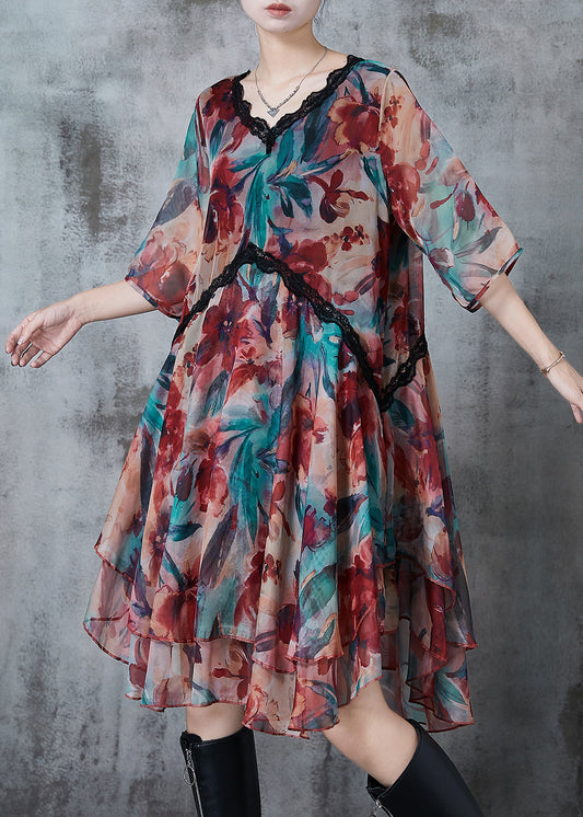 V Neck Print Chiffon Beach Dresses Summer