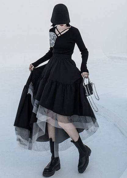 Black Asymmetrical Tulle Patchwork Elastic Waist Cotton a Line Skirt Summer