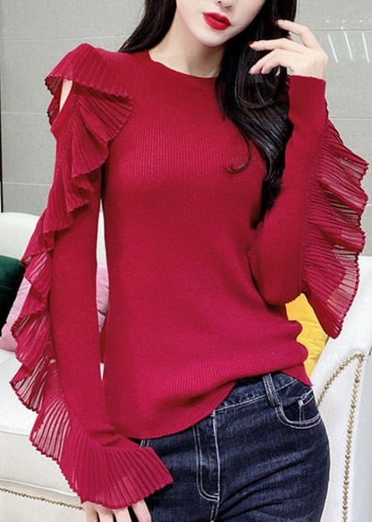 Red Turtleneck Ruffled Patchwork Knit Tops Long Sleeve
