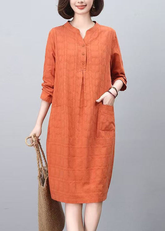 Orange Stand Collar Cotton Mid Dresses Spring