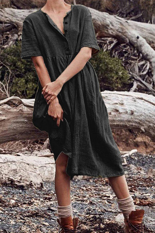Button O Neck Midi Dress