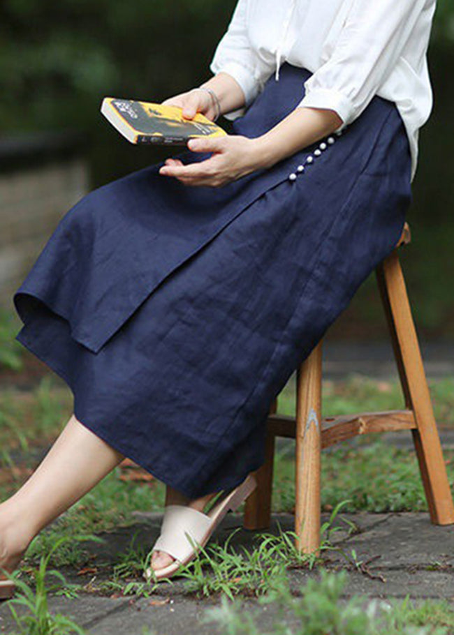 Blue a Line Skirts Button Asymmetrical Design Elastic Waist Spring