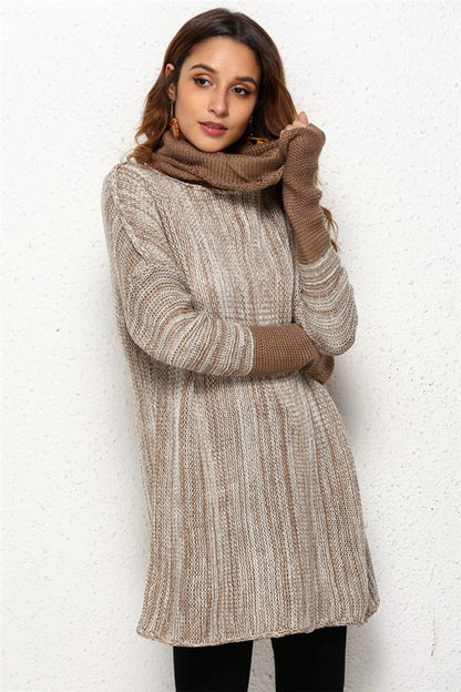 Spliced Turtleneck Loose Pullover Sweater - Black