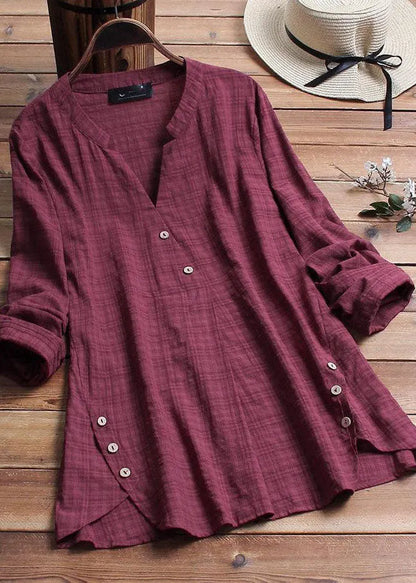 Plaid Side Button V-neck Long Sleeve Shirt Blouse