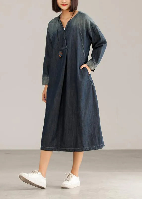 French Cotton Dresses V-neck Denim Blue Dress