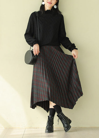 Chocolate Elastic Waist Asymmetrical Design Plaid Cotton Skirt Fall