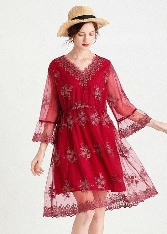 Fine Mulberry V Neck Jacquard Spring Three Quarter Sleeve Dress