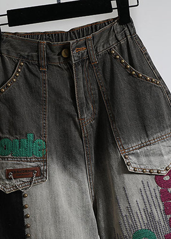 Black Letter Embroidered Pockets Denim Pants Spring