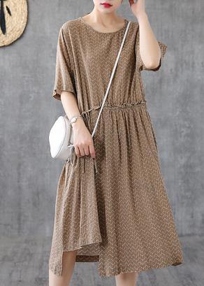 O Neck Asymmetric Cotton Linen Dresses Catwalk Khaki Print Dresses Summer