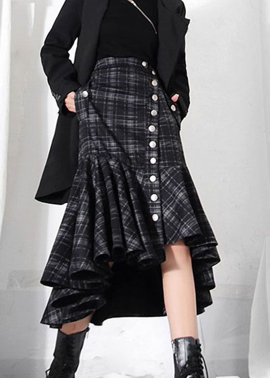 Dark Grey Button Ruffles Plaid Skirt Spring