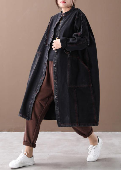 Denim Black Coat for Woman Tutorials Stand Collar Button Down Coats