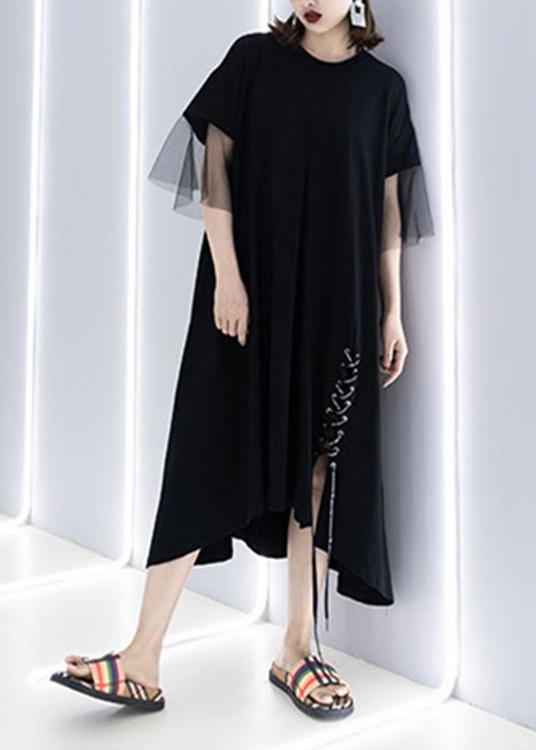 French Black Cotton Wardrobes Side Open Drawstring Cotton Robes Summer Dresses