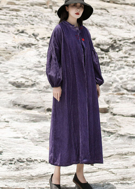 Purple Embroideried Pockets Corduroy Dress