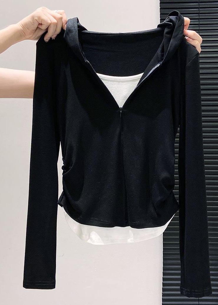 Style Sky Blue Hooded Patchwork Cotton Fake Two Piece Sweatshirt Fall