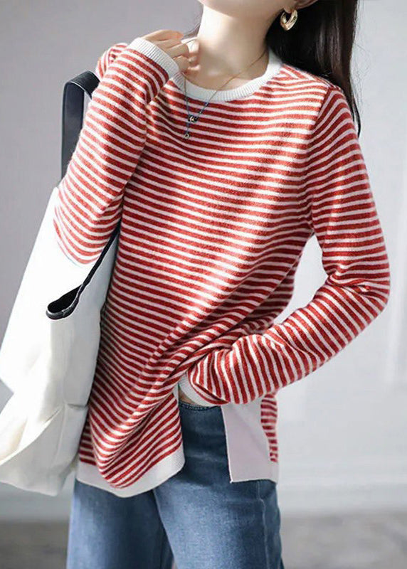 Blue Striped Side Open Knitting Cotton Tops Fall