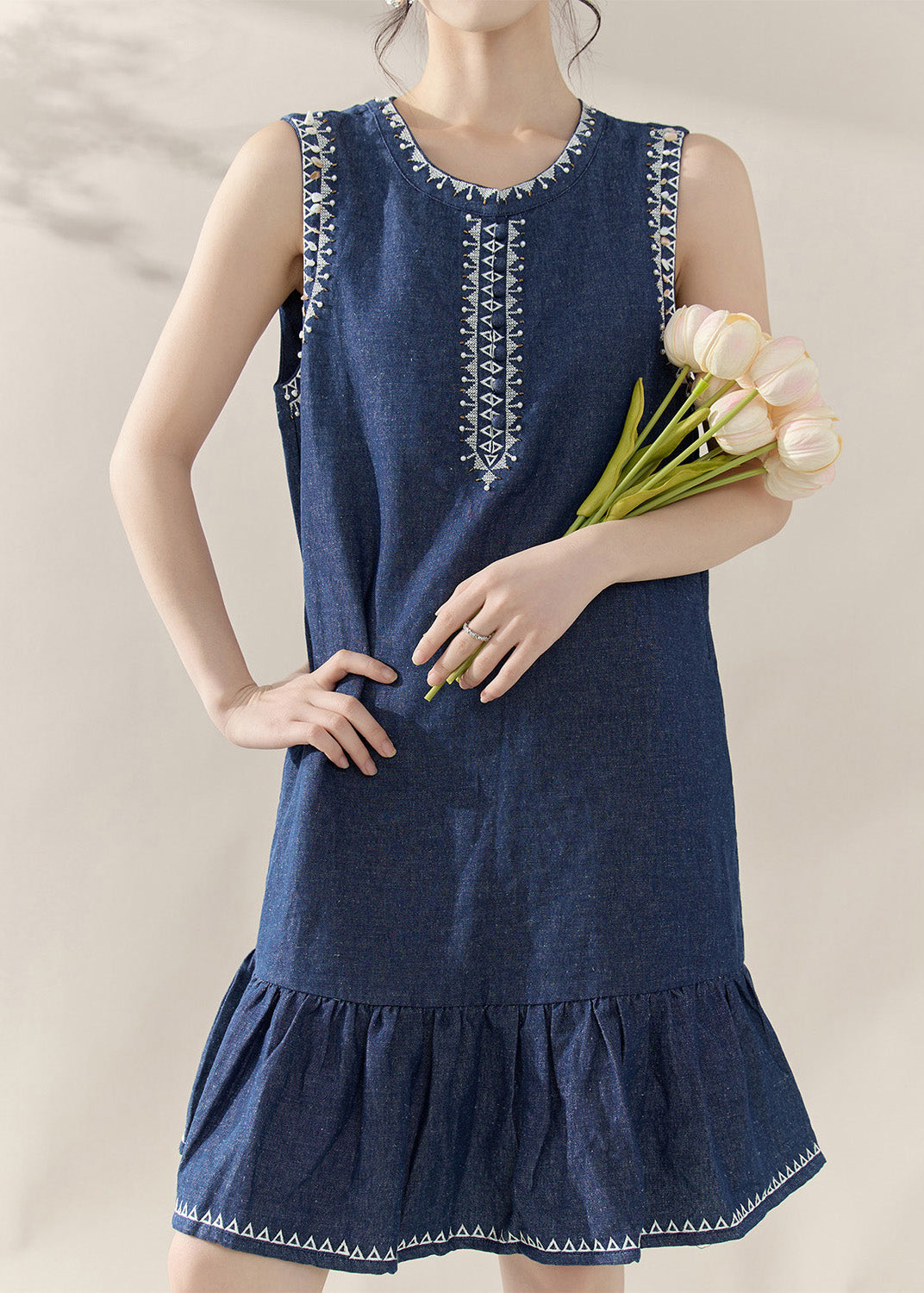 Blue Print Patchwork Denim Mid Dresses Sleeveless
