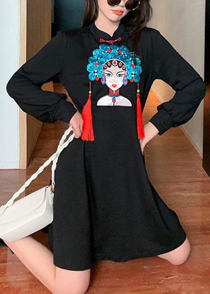 Black Tasseled Print Patchwork Cotton Dress Fall
