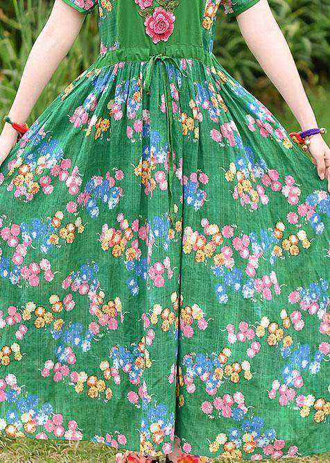 French Green Print Cotton Clothes Tie Waist Embroidery Cotton Robes Summer Dress