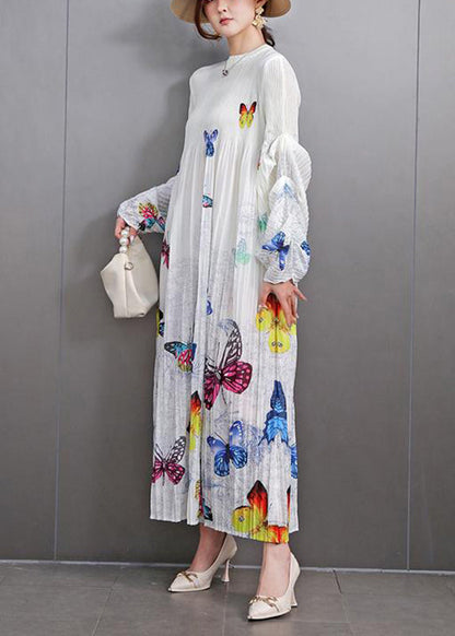 White Print Wrinkled Long Dress Fall
