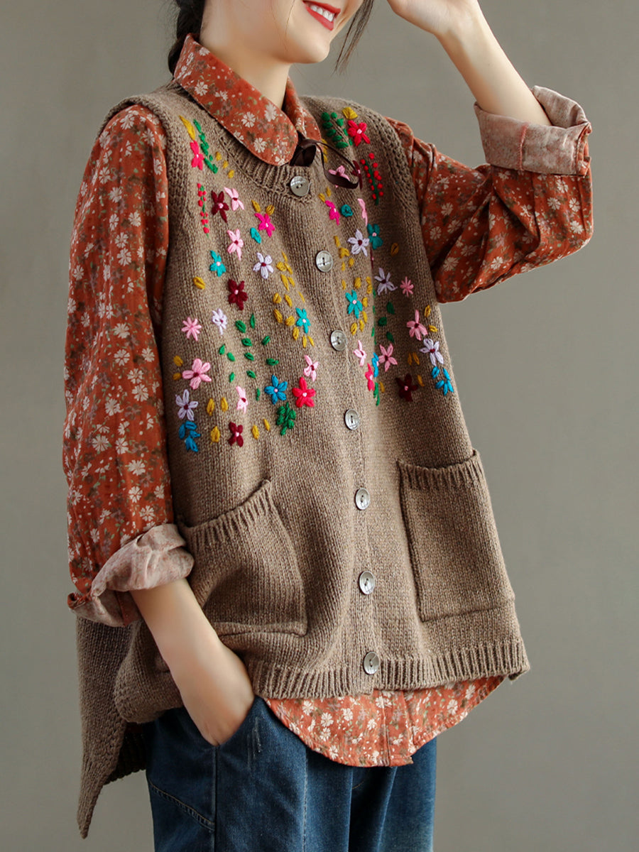 Embroidery Cotton Baggy Cardigan Vest