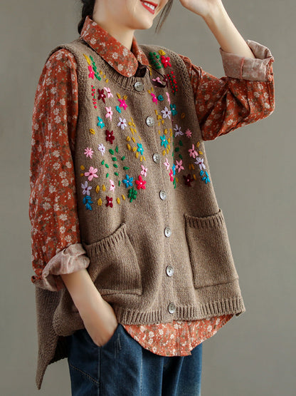 Embroidery Cotton Baggy Cardigan Vest