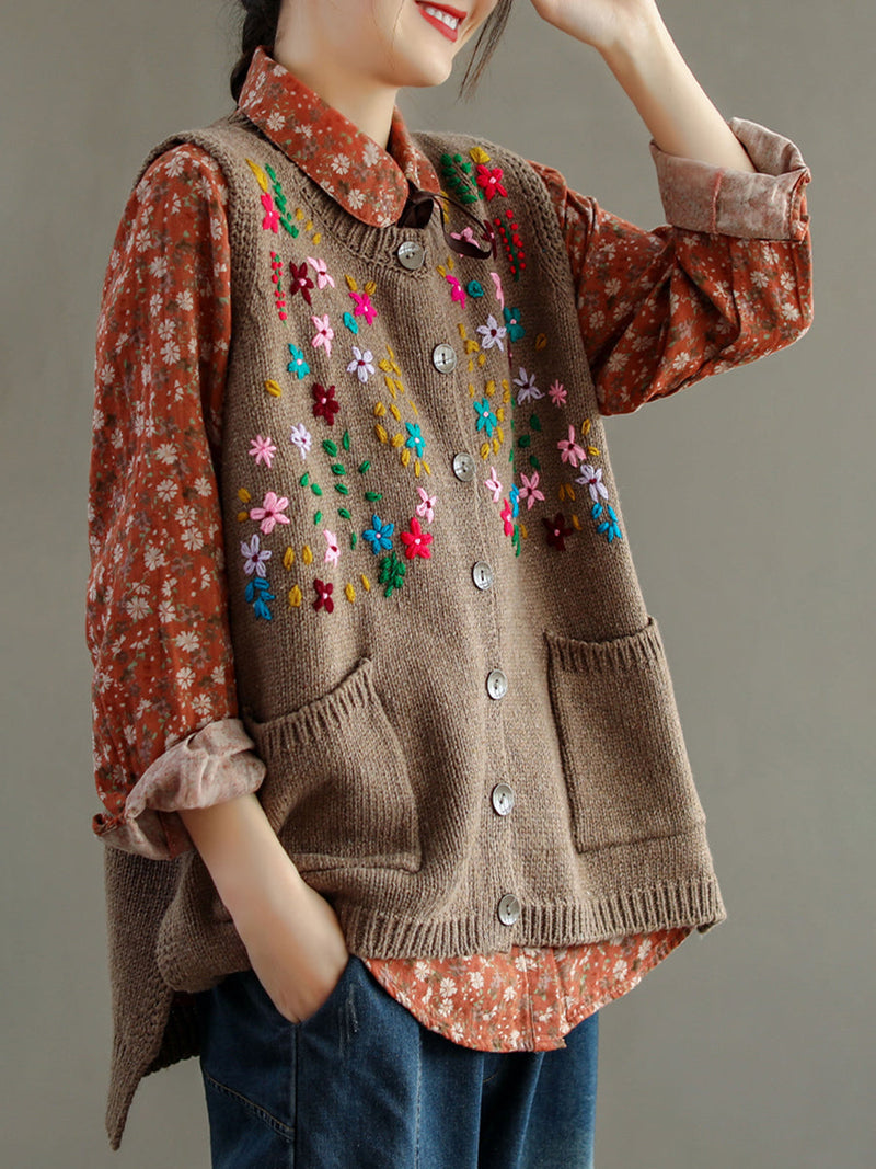 Embroidery Cotton Baggy Cardigan Vest