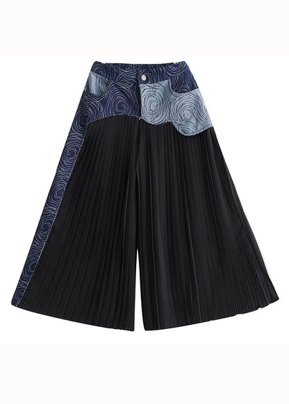 Blue Pockets Wrinkled Denim Patchwork Cotton Wide Leg Pants Skirt Summer