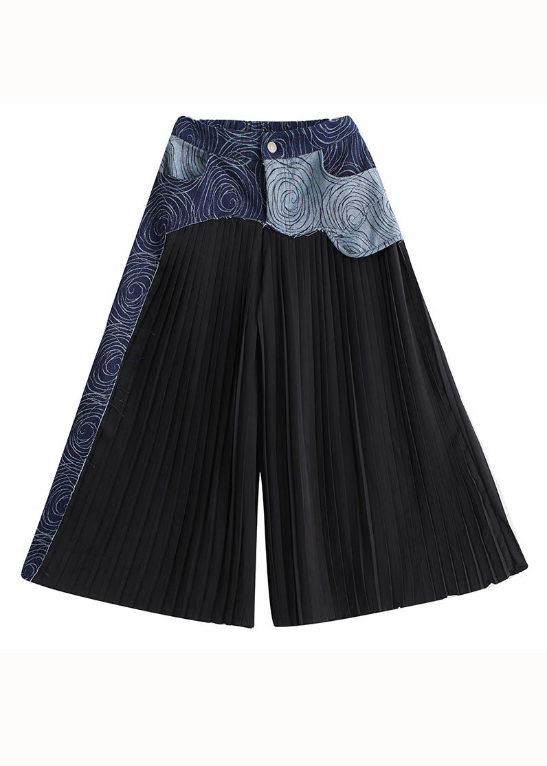 Blue Pockets Wrinkled Denim Patchwork Cotton Wide Leg Pants Skirt Summer