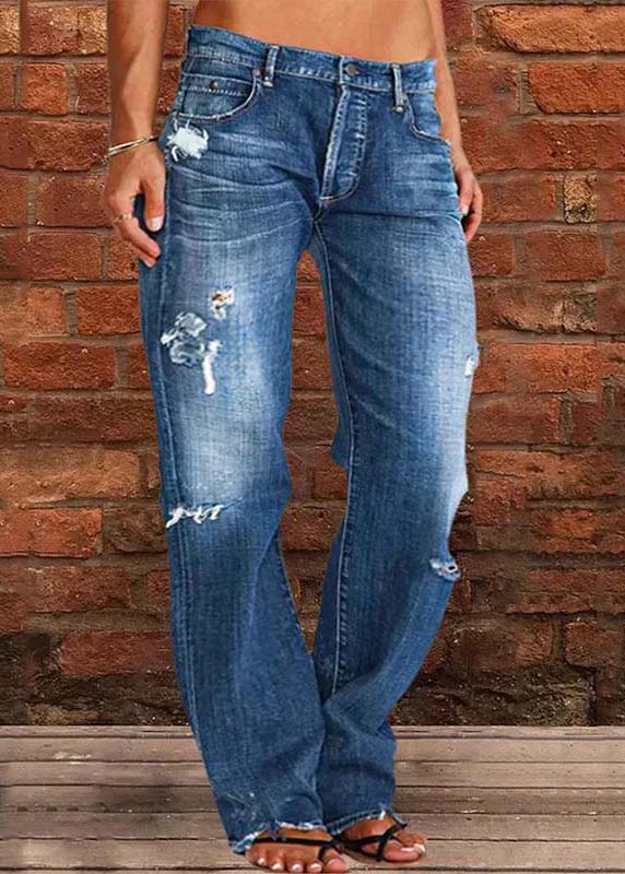 Navy Oversized Washed Denim Ripped Pants Summer