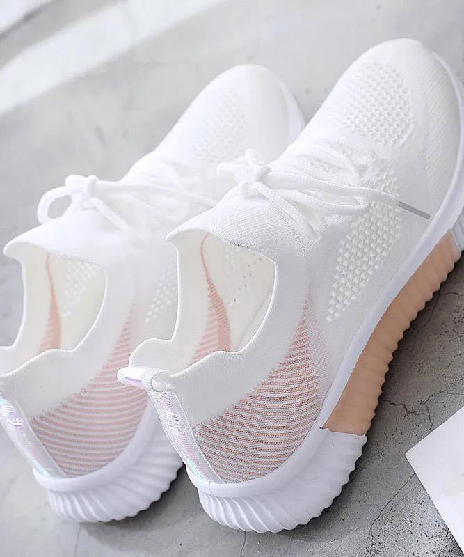 White Pink Knit Fabric Lace Up Flats Shoes
