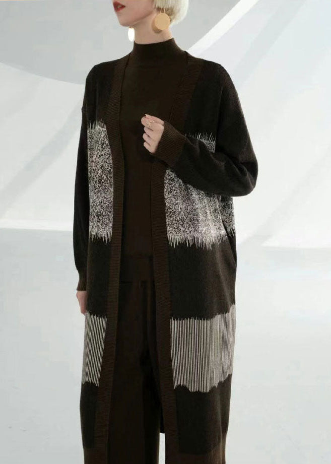 Unique Coffee Green V Neck Patchwork Print Wool Knit Cardigan Long Sleeve