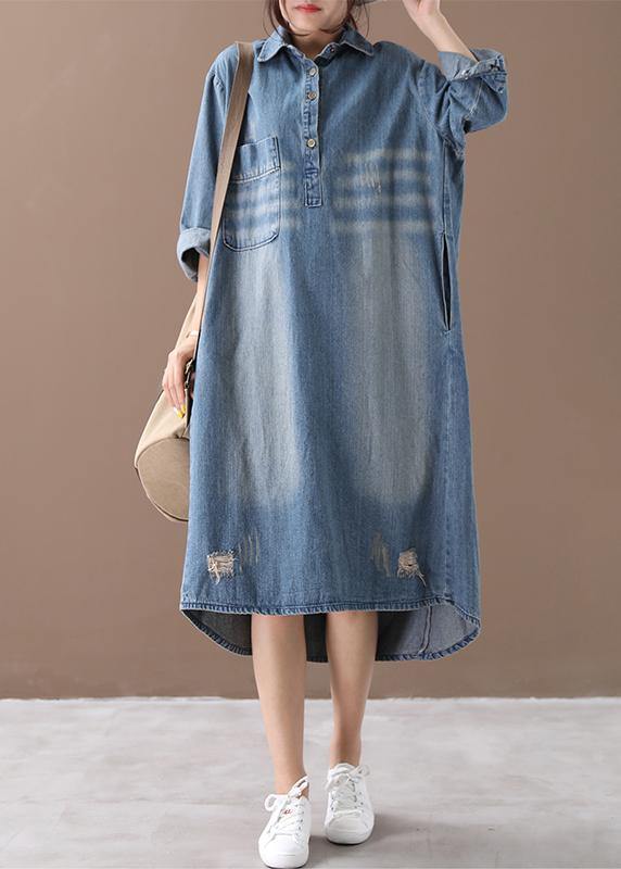 Lapel Hole Outfit Shape Denim Blue Dresses