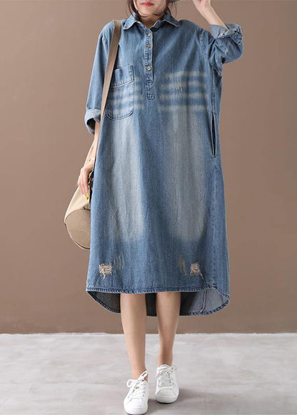 Lapel Hole Outfit Shape Denim Blue Dresses