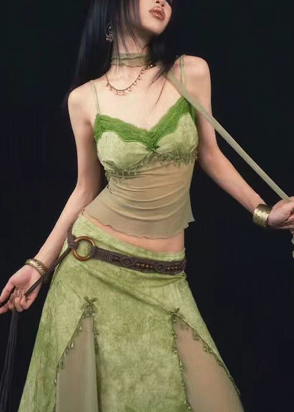 Green Tie Dyed Suspender Top and Skirt Two Piece Set Summer