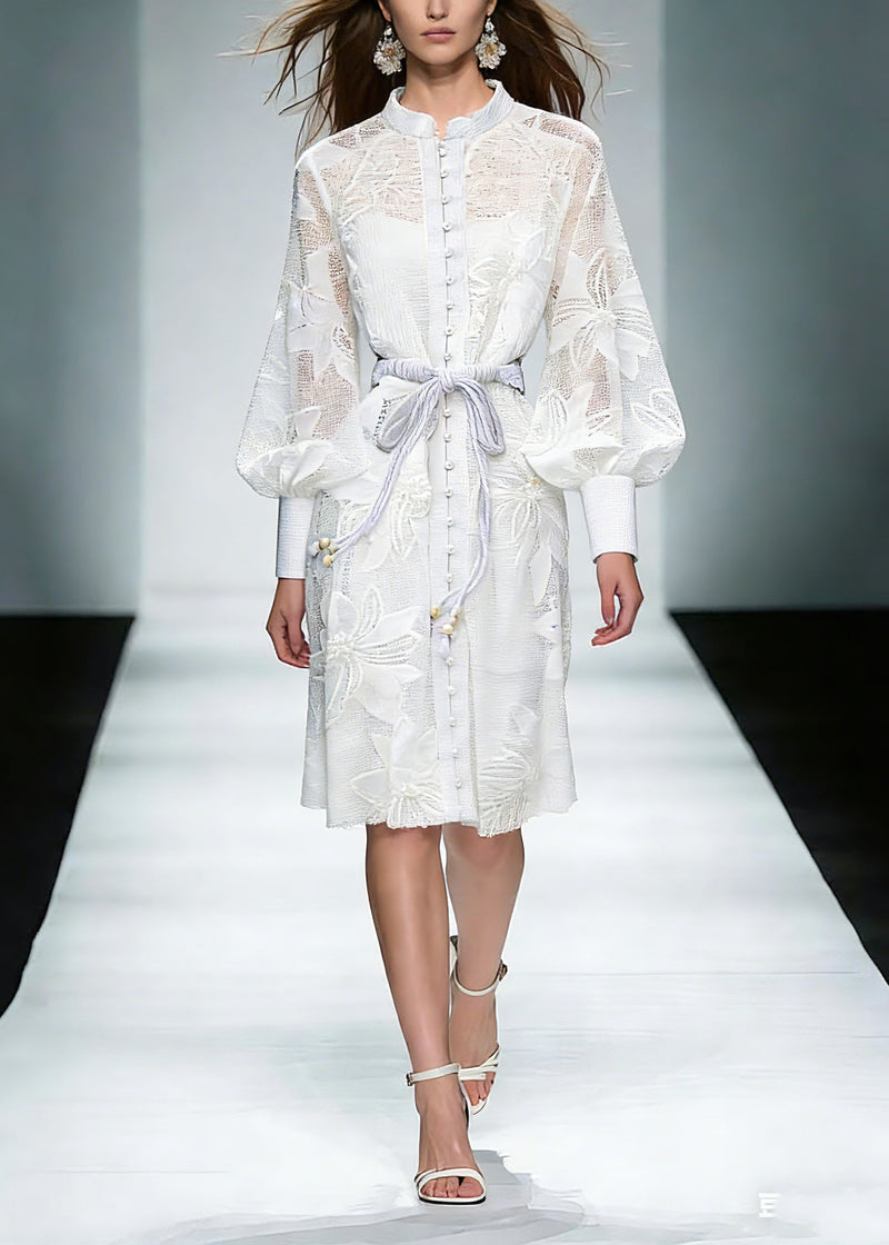 White Stand Collar Tie Waist Maxi Shirts Dresses Lantern Sleeve