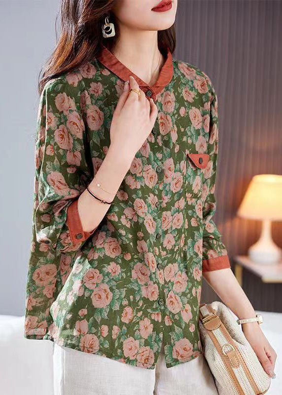 Green Peter Pan Collar Print Patchwork Linen Shirt Top Long Sleeve