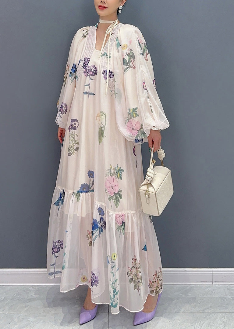 Diy Apricot Oversized Print Chiffon Holiday Dress Summer