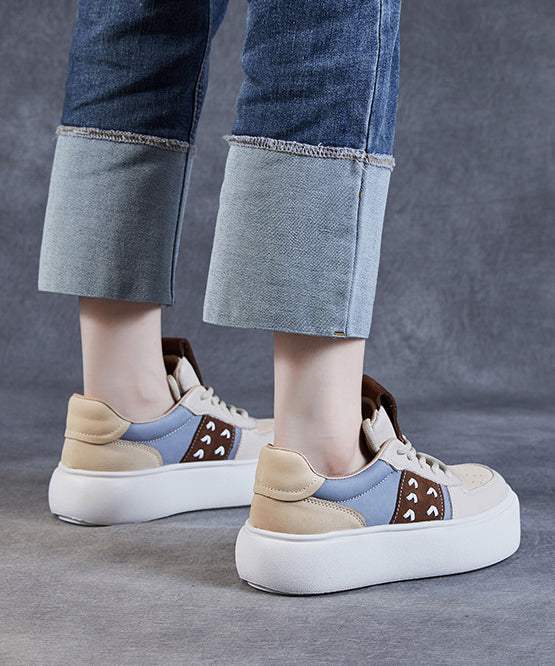 Beige Flat Shoes Platform Cowhide Leather Lace Up