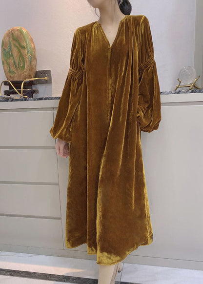 Yellow Puff Sleeve Pockets Velour Dress