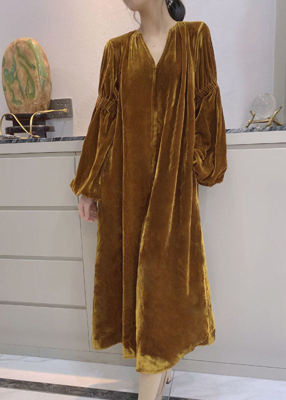 Yellow Puff Sleeve Pockets Velour Dress