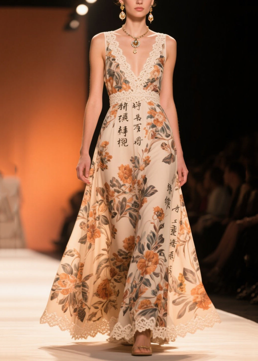 Khaki Print Patchwork Lace Chiffon Long Dresses Summer