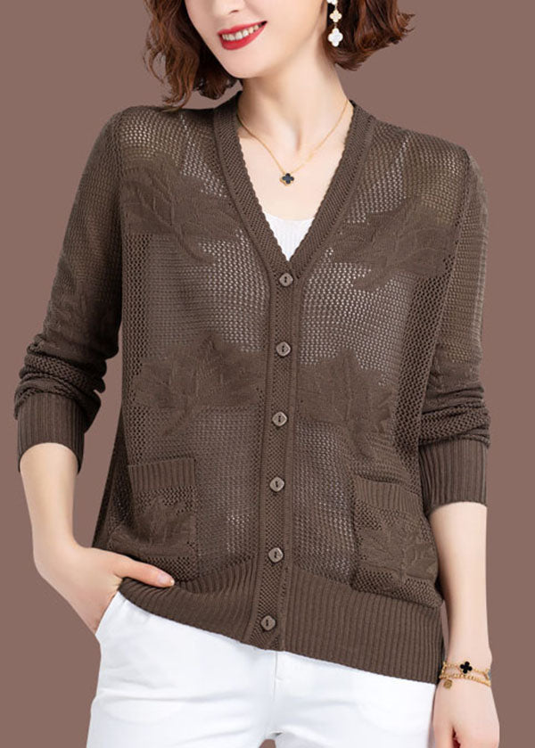 Khaki Hollow Out Embroidered Patchwork Thin Knit Cardigan Fall