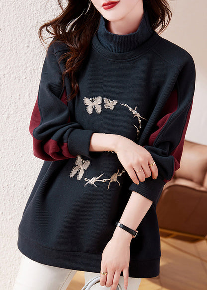 Navy Embroidered Patchwork Warm Fleece Sweatshirt Winter
