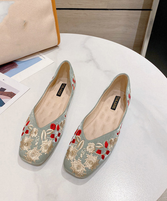 Green Embroider Flower Cotton Fabric Flat Feet Shoes