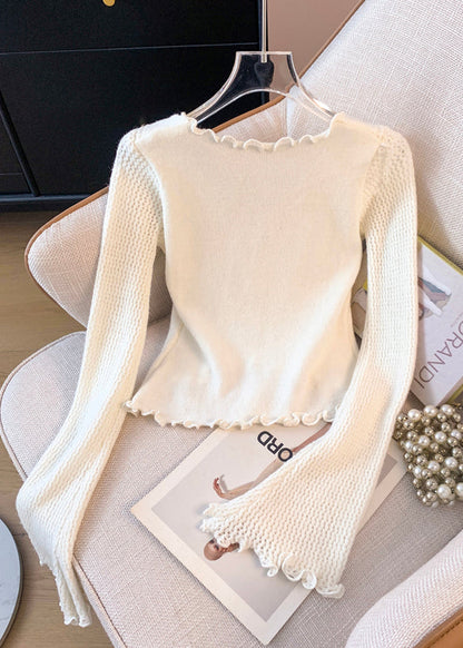 White Butterfly Patchwork Knitted Tops Flare Sleeve