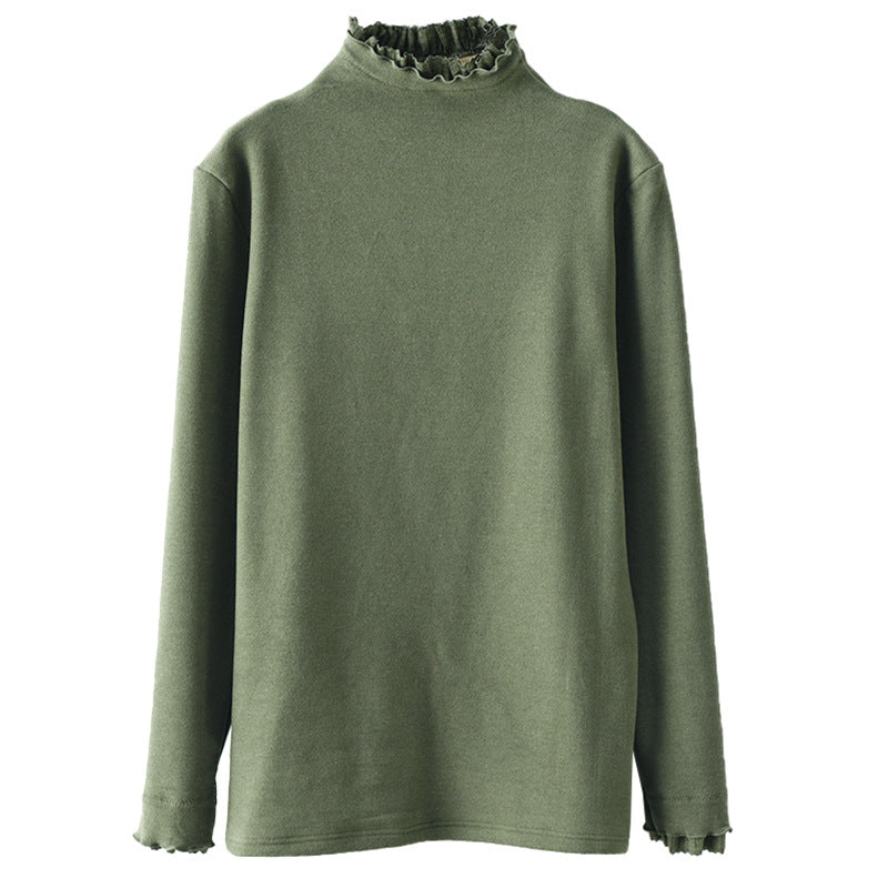 Long-sleeved Plus Fleece T-shirt With Retro Wooden Ears
