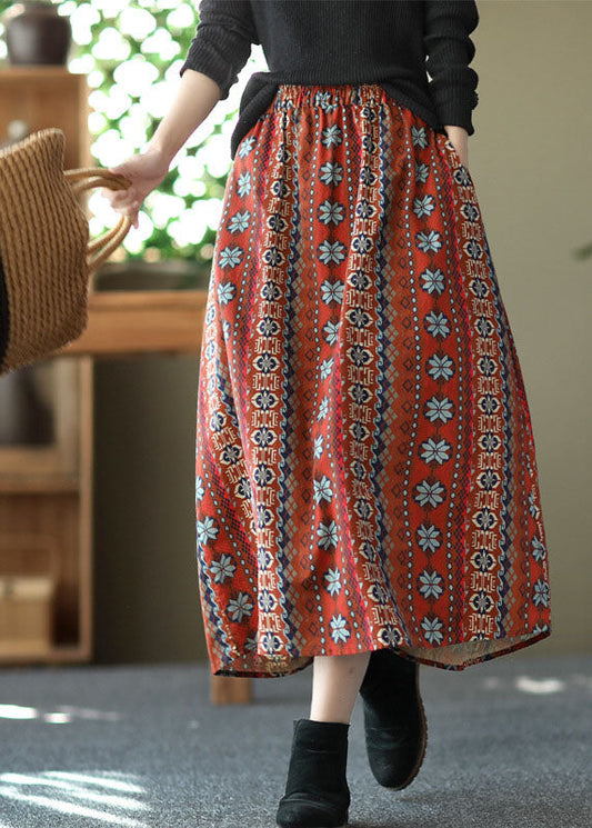 Red Elastic Waist Pockets Linen a Line Skirts Summer
