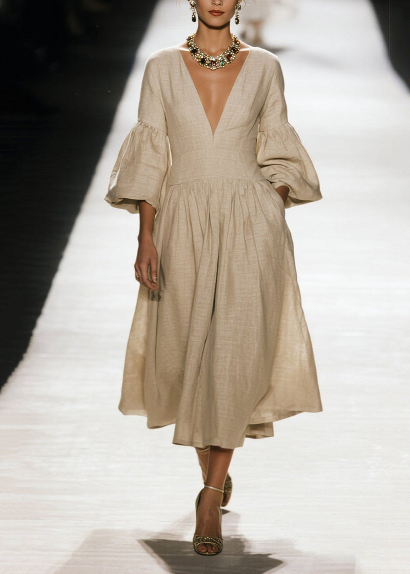 V Neck Wrinkled Patchwork Cotton Dress Fall