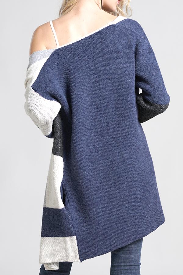 Knit Multi Color Long Sleeve Cardigan - Navy