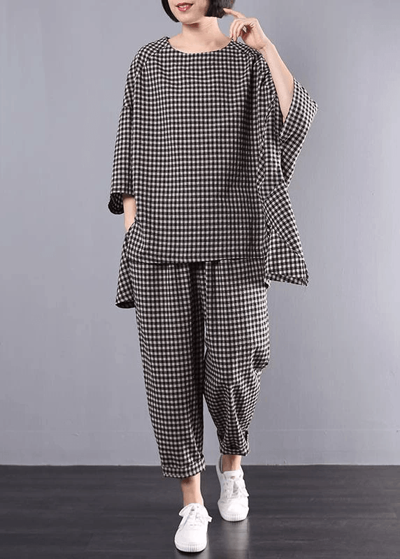 Cotton Linen Red Plaid Blouse and Pants Two Pieces Set(limited Stock)